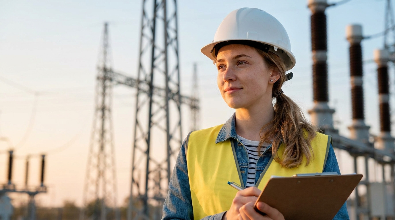 A young engineering intern in a hard hat and a plain high-visibility safety vest standing at the edge of an electrical s