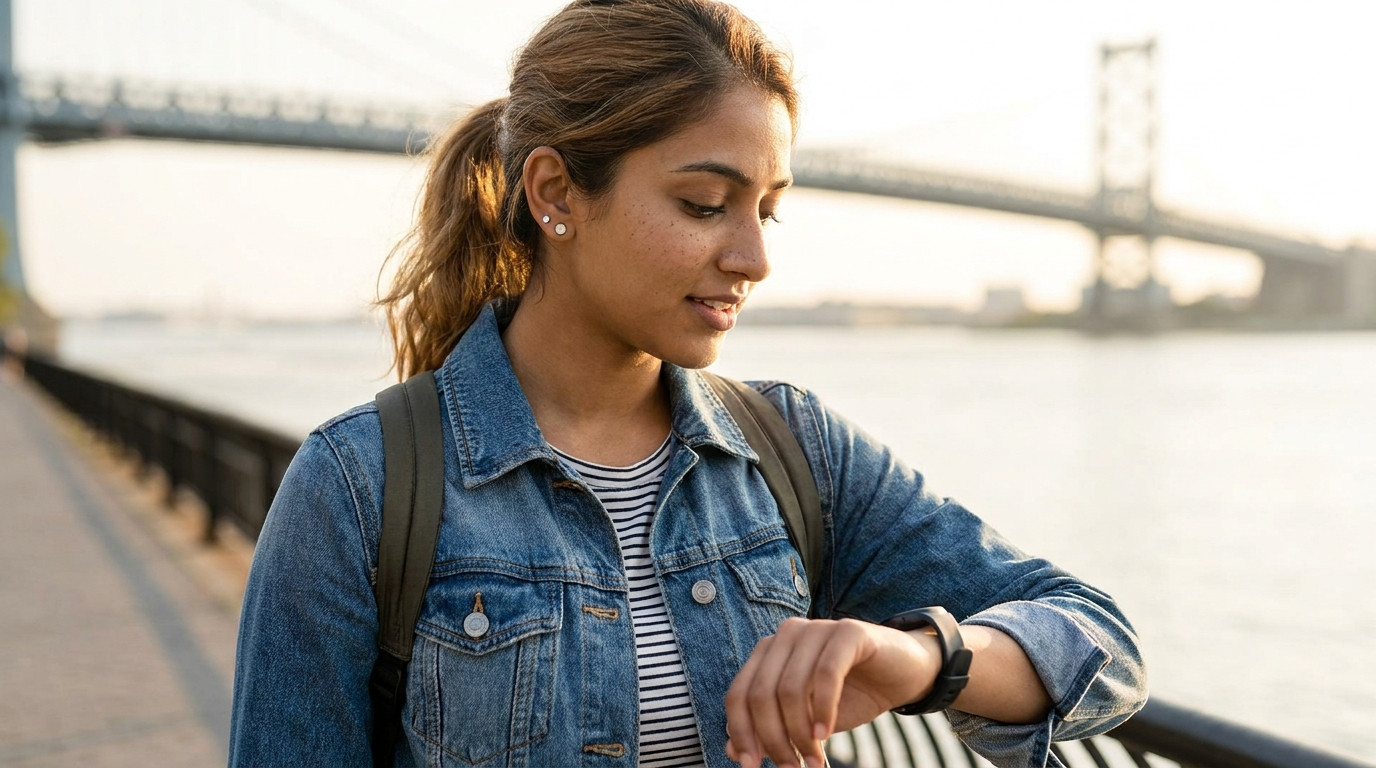 A young athlete-engineer in athletic wear standing on a city waterfront running path just after a morning run, glancing