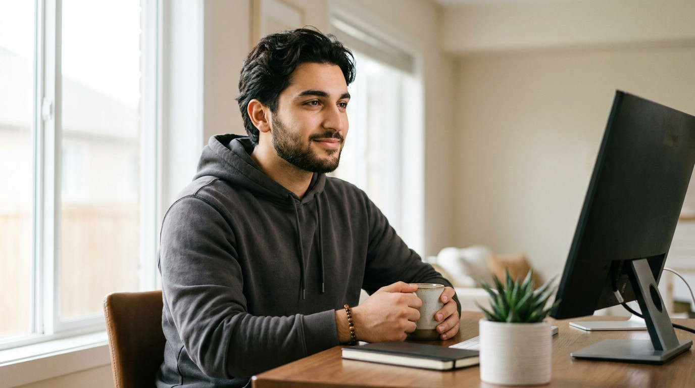 A young software engineer in a plain charcoal hoodie working from a sunlit home desk by a window, a single external moni
