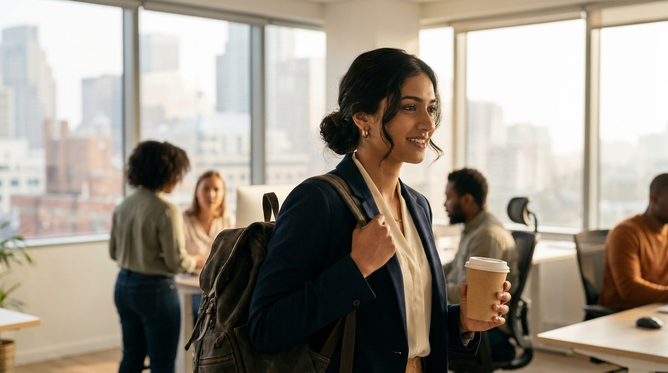 A young game developer in a plain hooded sweatshirt walking into a modern open-plan office in the early morning, tall wi