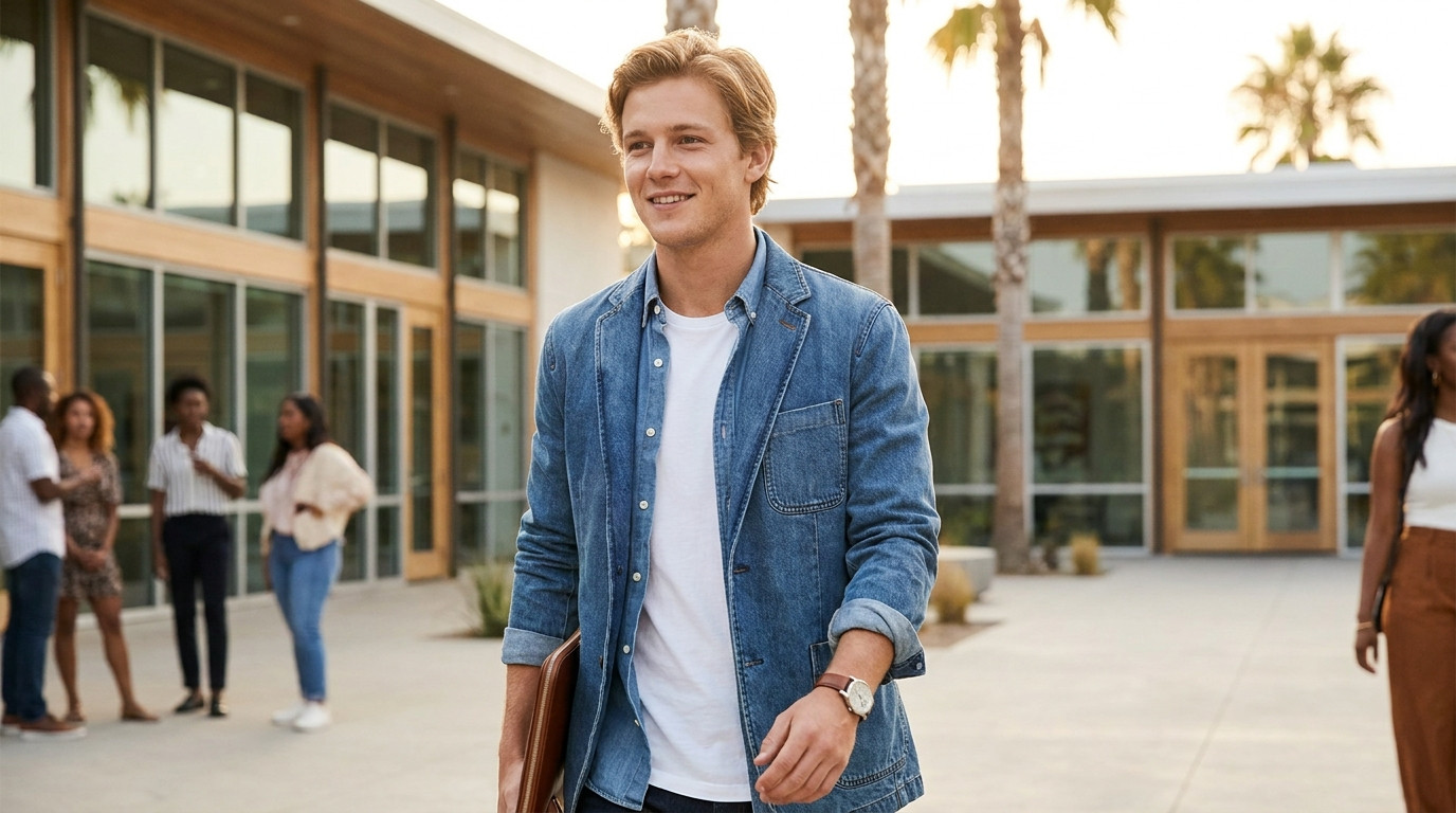 A young creative professional in a relaxed blazer over a simple tee walking through the courtyard of a bright, open adve