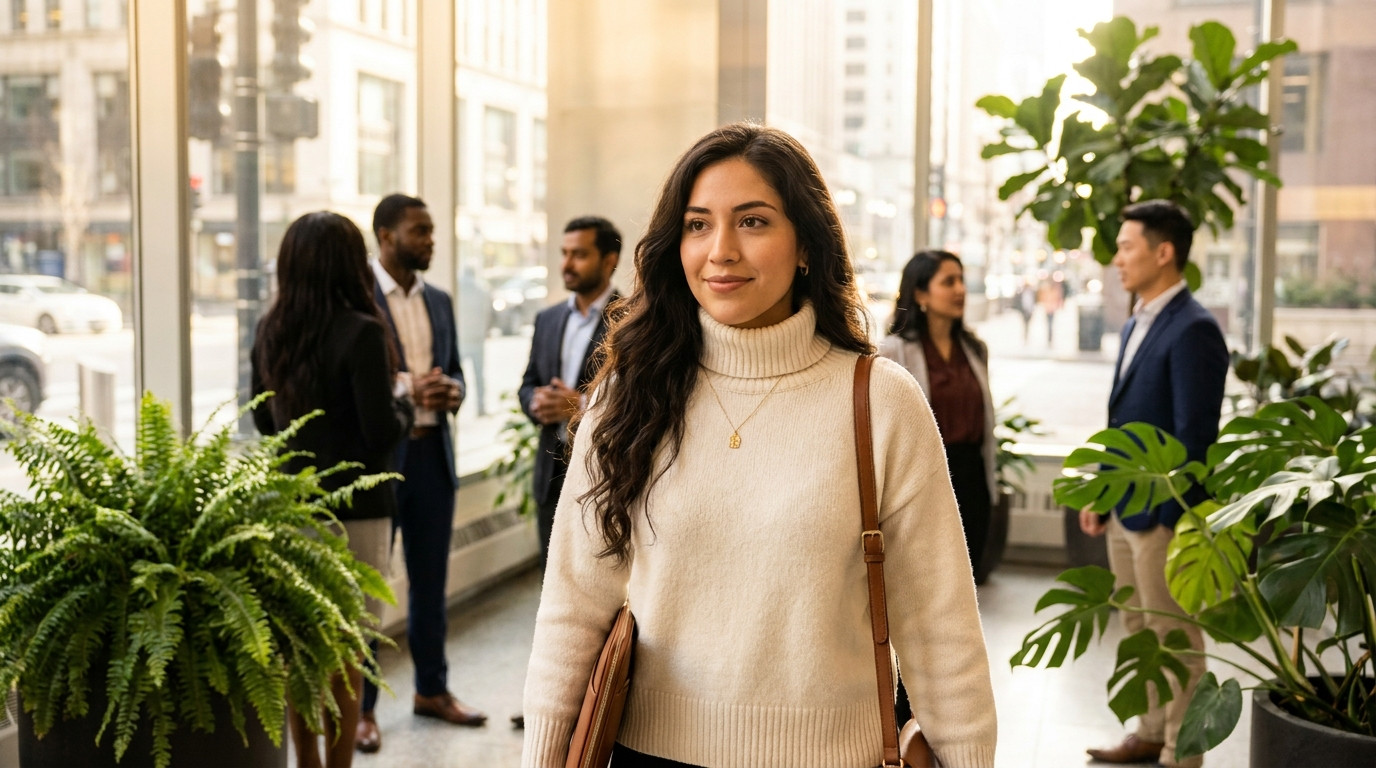 A young data science intern in a plain casual sweater walking into a bright downtown Chicago office lobby on a clear sum