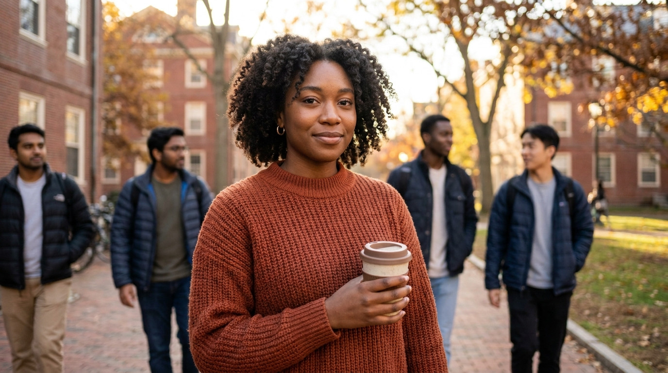 A university student in a plain hoodie walking across a bright Boston college campus on a crisp autumn morning, brick bu