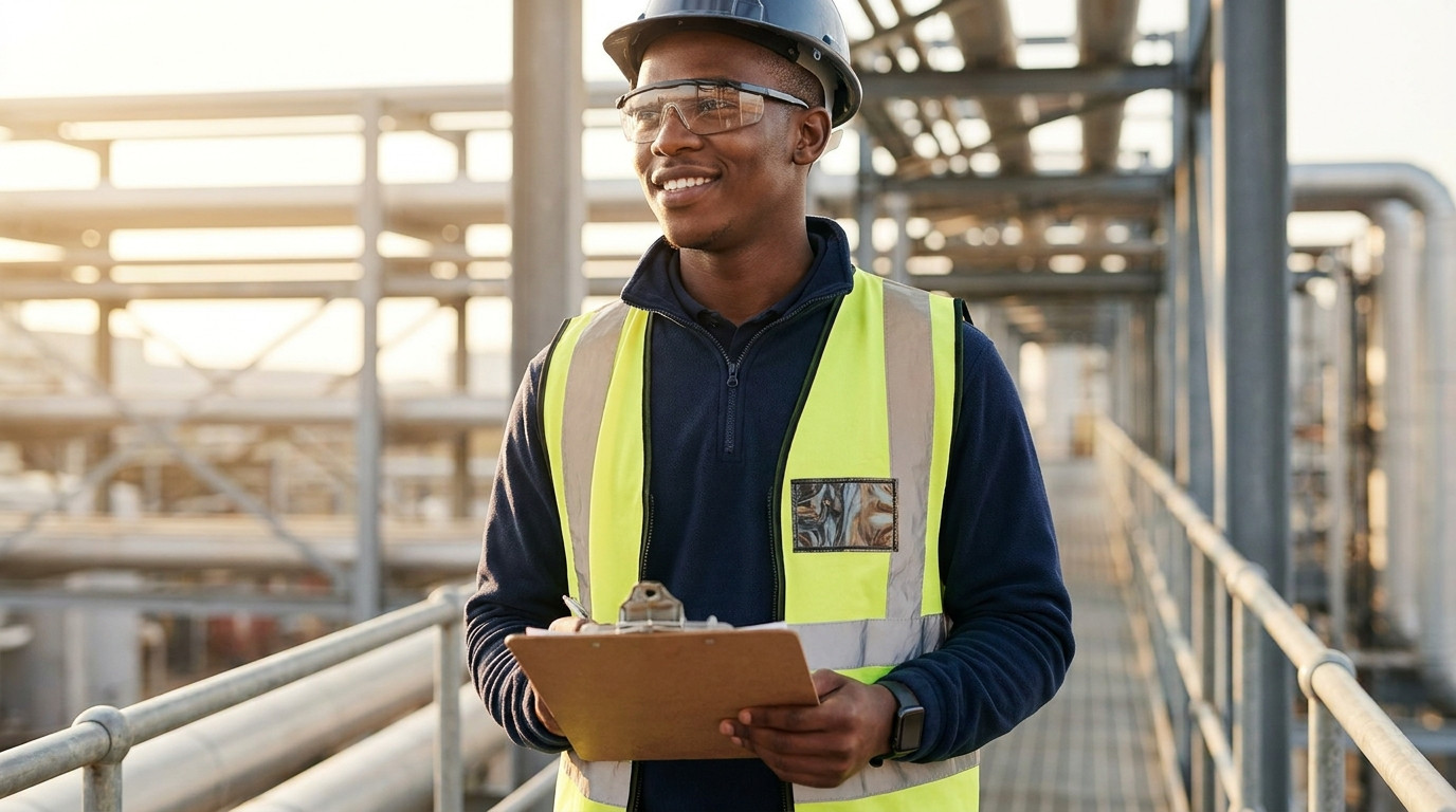 A young engineering intern in a hard hat, safety glasses, and a plain high-visibility vest standing on an outdoor indust