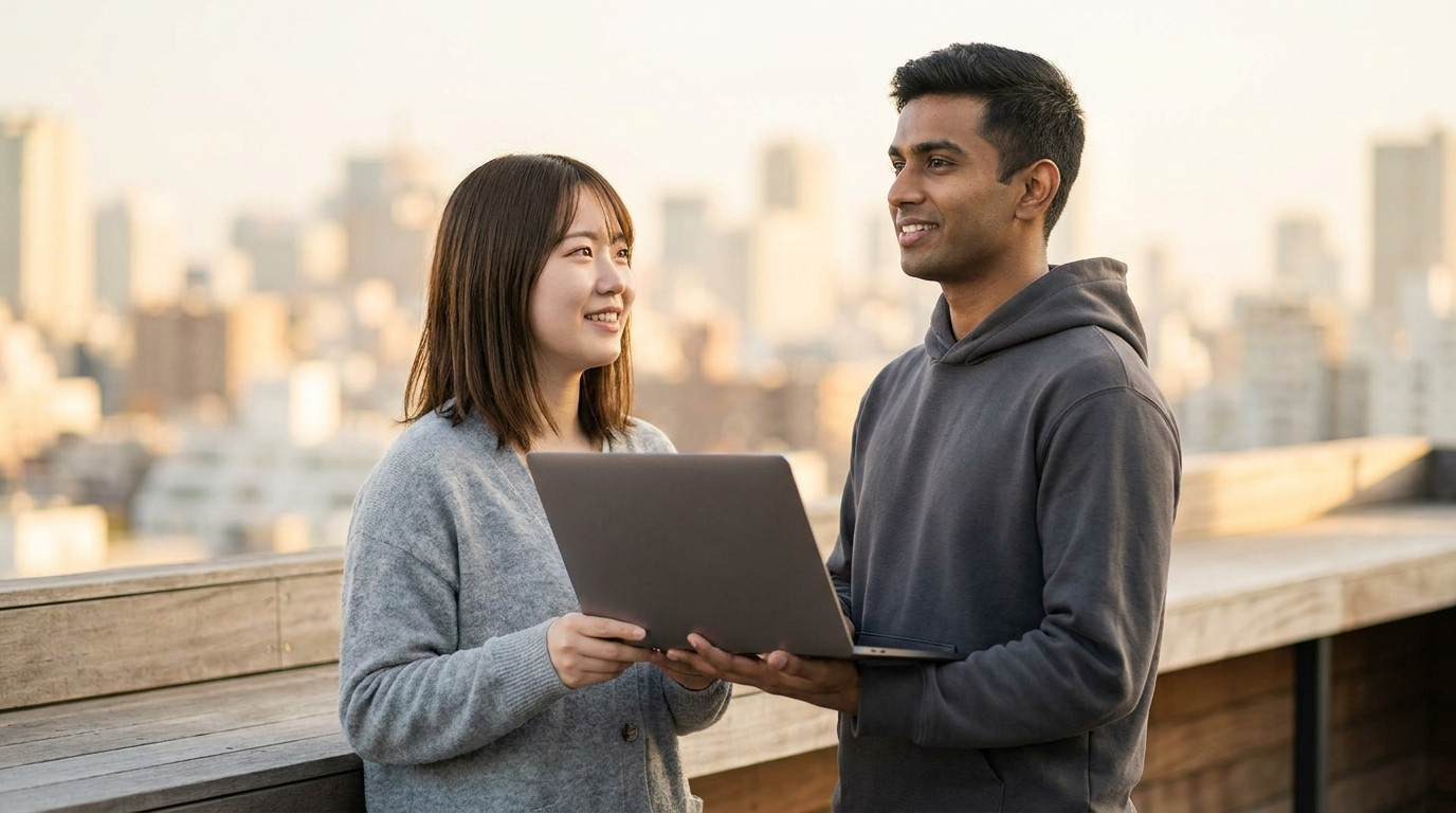 A young software engineer in a plain charcoal hoodie standing on an open-air office terrace overlooking a bright city sk
