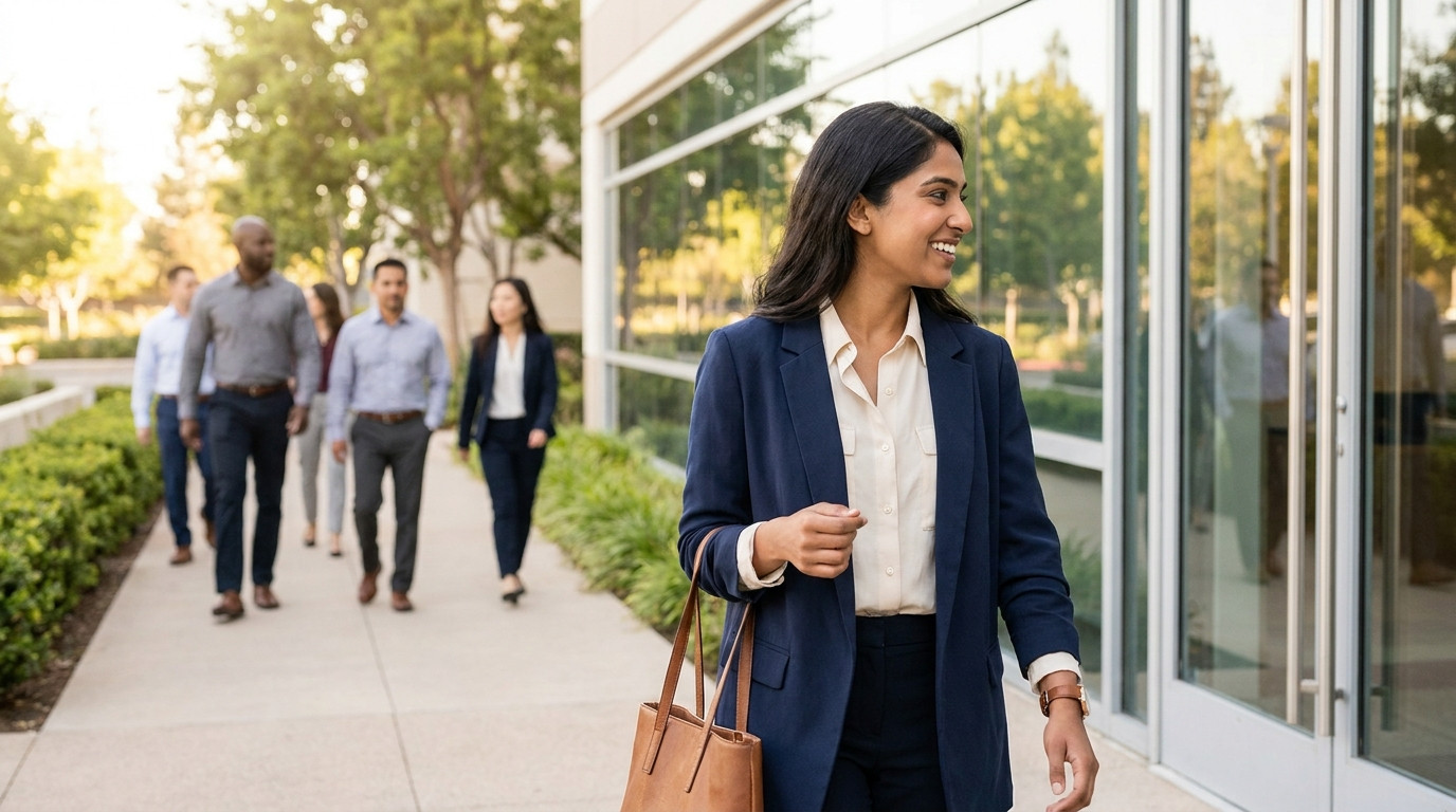 A young business professional in smart-casual attire walking toward the glass entrance of a modern suburban corporate ca