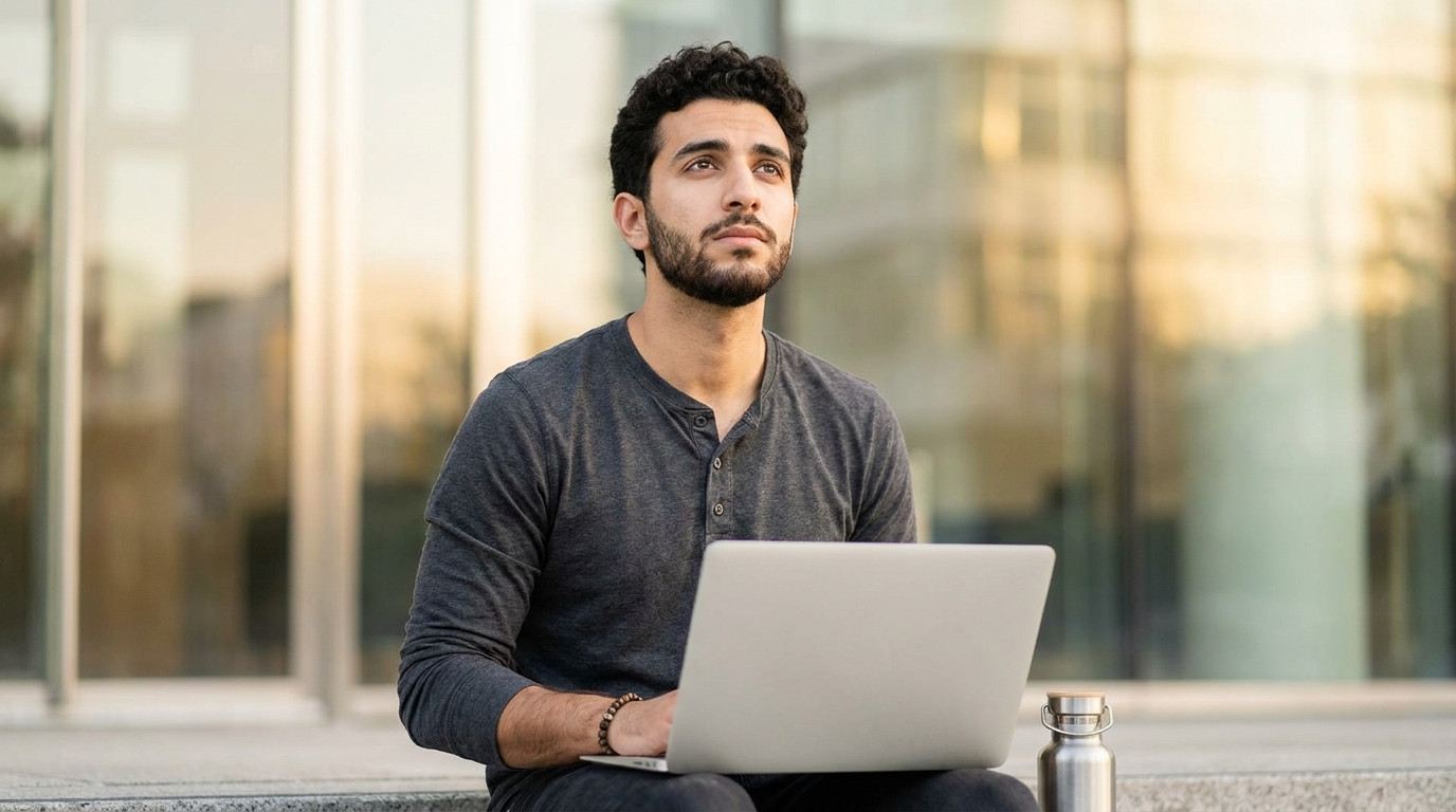 A young software engineer in a plain charcoal hoodie sitting on the steps outside a modern glass office building on a br