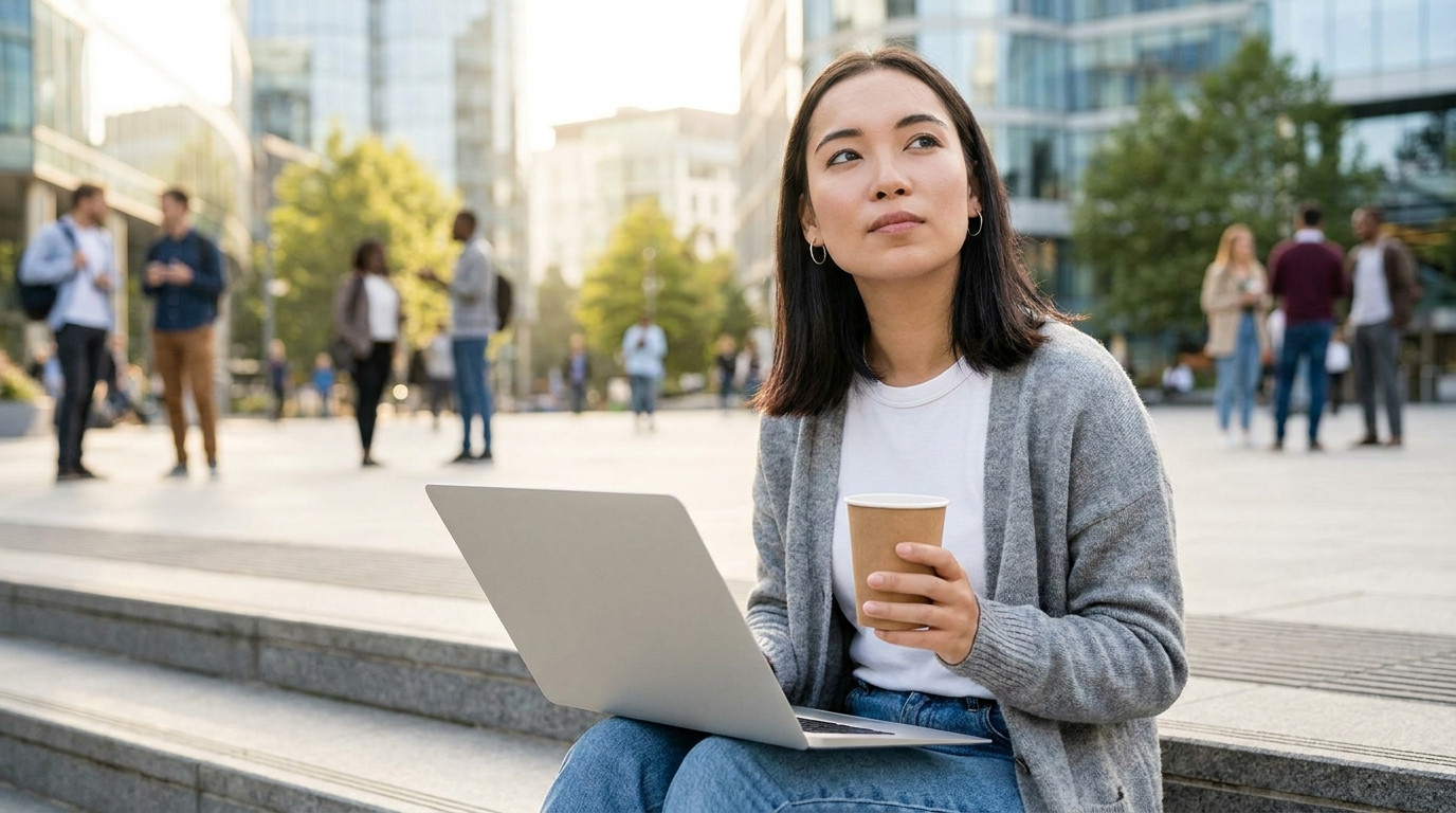 A young software engineer in a plain charcoal hoodie sitting on outdoor steps in a bright tech-district plaza on a clear