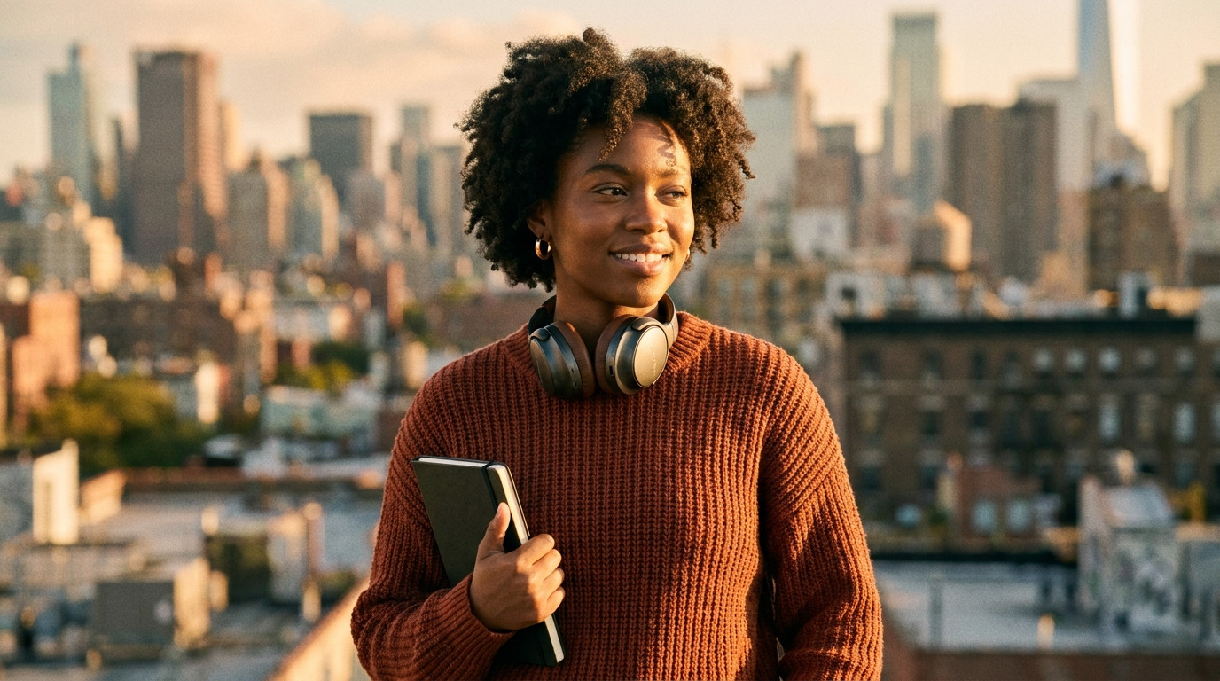 A young music-industry intern in a simple charcoal jacket standing on a bright urban rooftop terrace at golden hour, a d