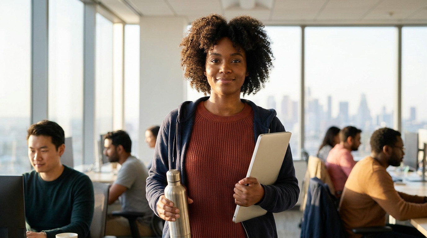 A young software engineering intern in a plain navy zip-up hoodie walking across a bright open-plan tech office on a cle