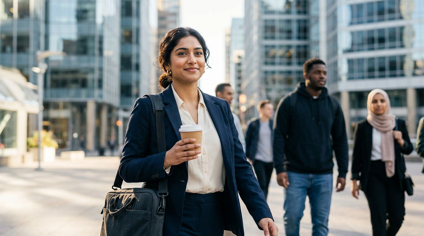 A young security engineer in a plain dark hoodie walking across a bright open plaza in a downtown financial district on