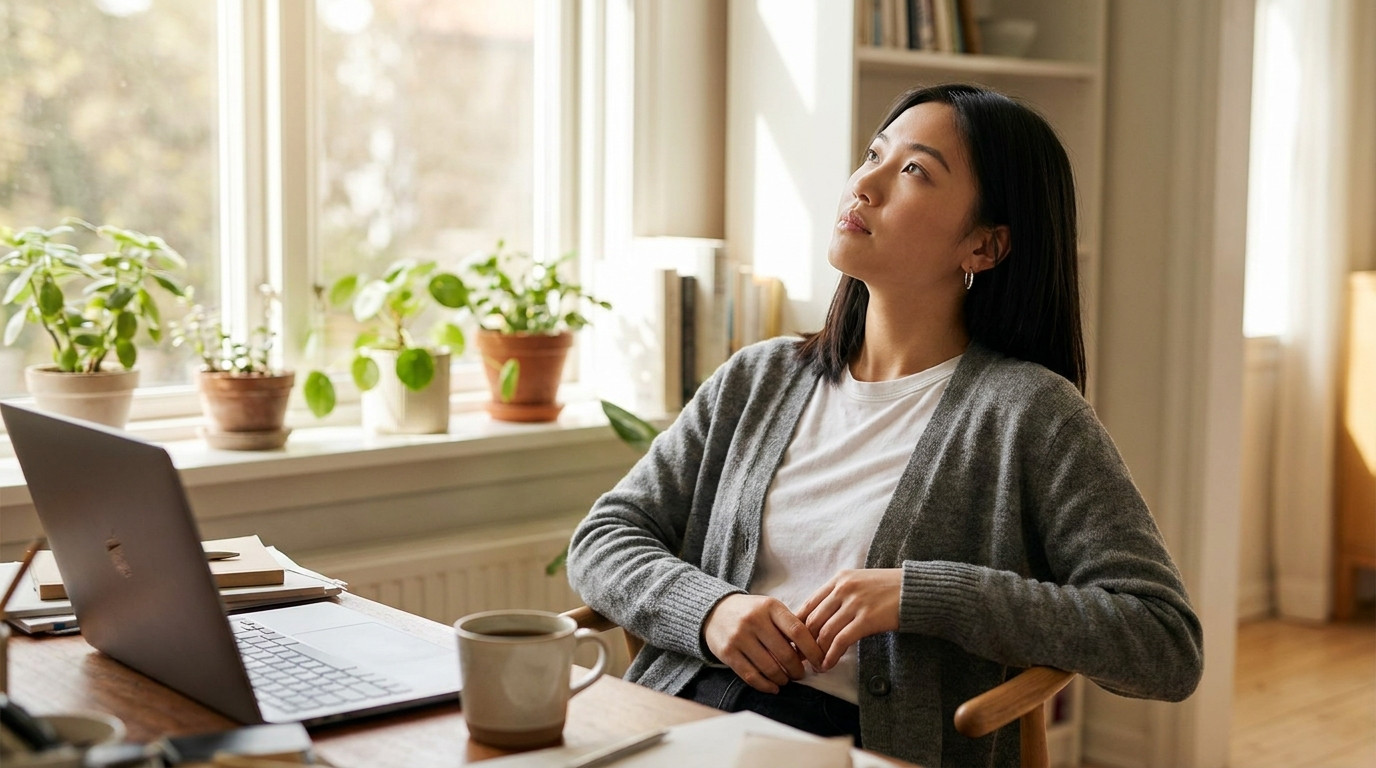 A young professional working from a bright home office at a wooden desk near a large window on a clear morning, a laptop