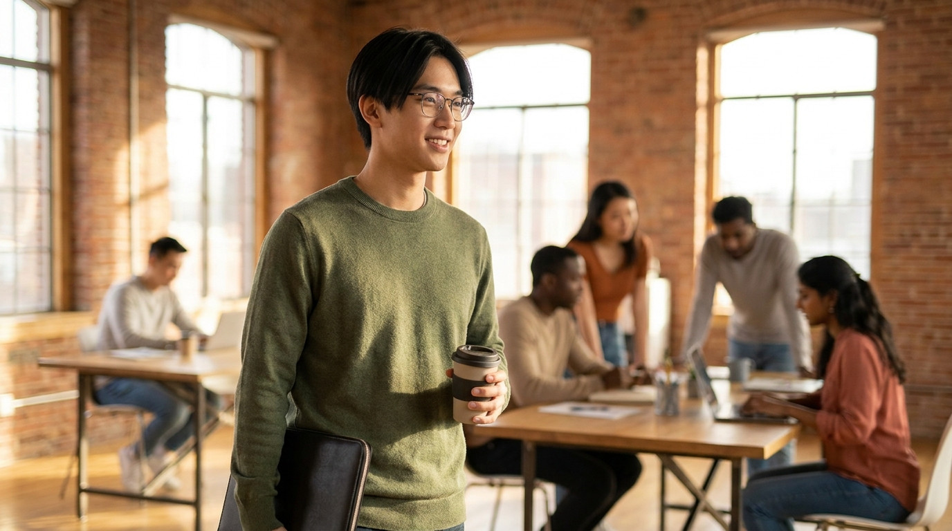A young creative in casual streetwear walking through a bright open loft-style advertising studio with exposed brick and