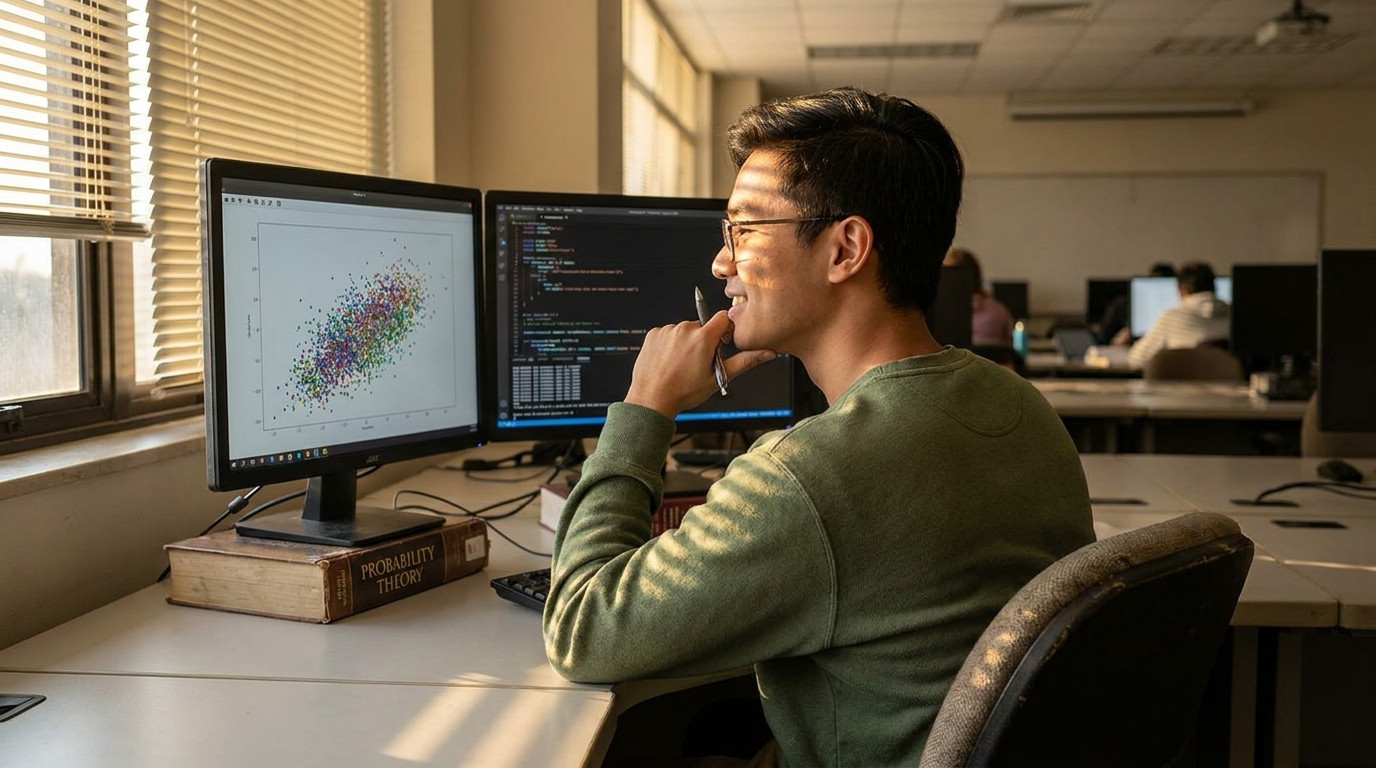 A university computer lab in late afternoon, low sun cutting through half-open venetian blinds. A student in a worn crew