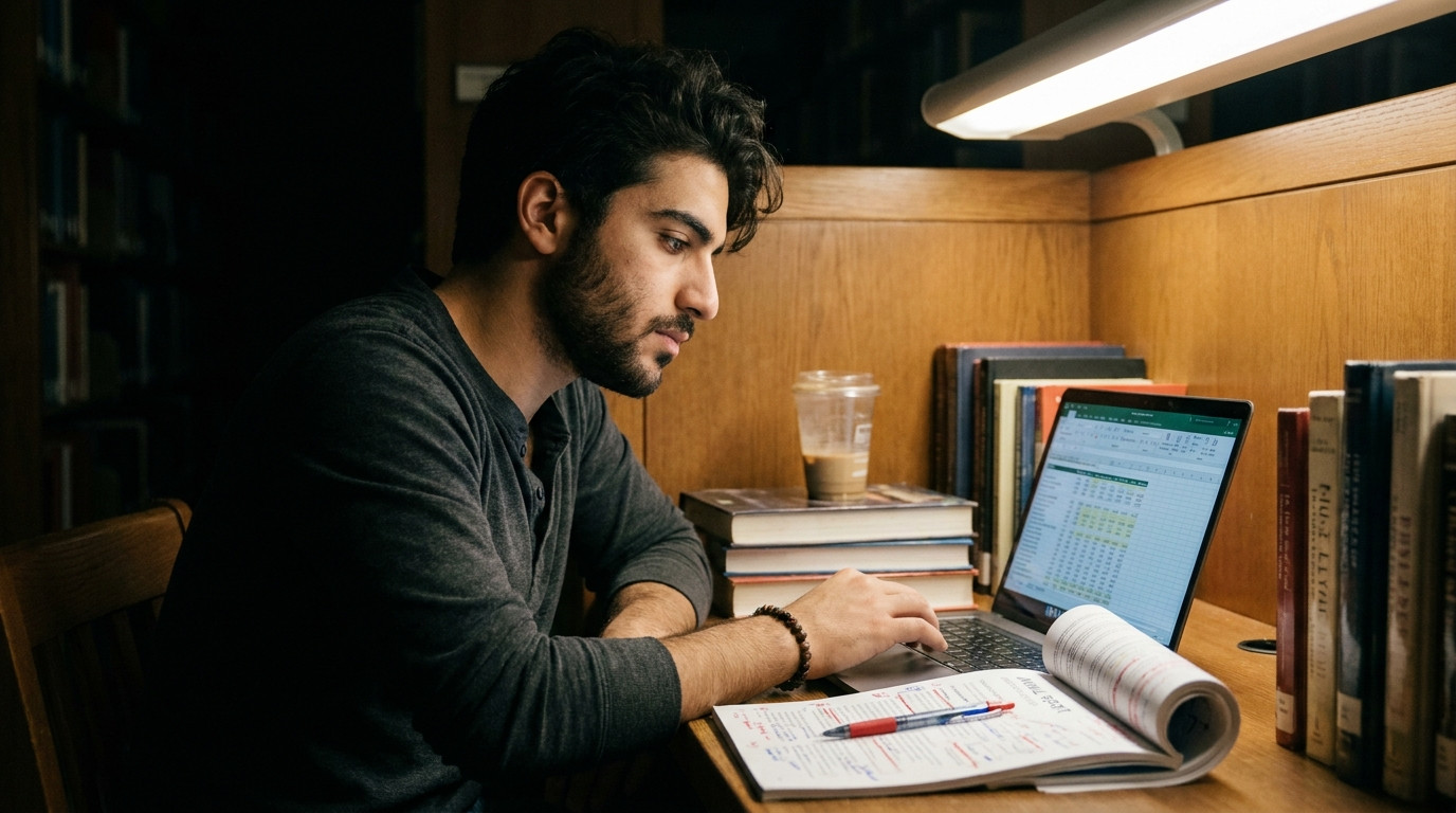 A student alone in a campus library carrel late at night, hunched over a laptop showing a dense spreadsheet. Beside the