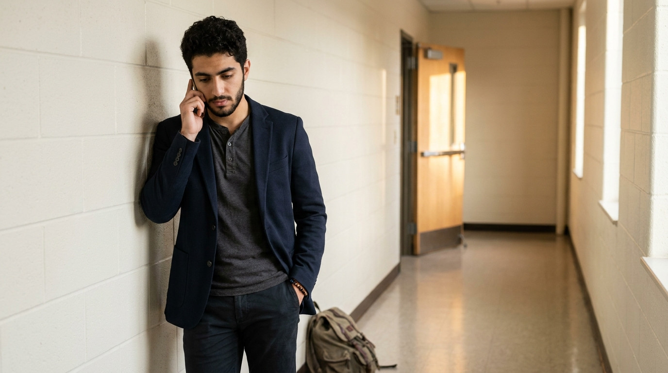 A student standing with their back against a cinderblock dorm hallway wall, holding a phone to their right ear with thei