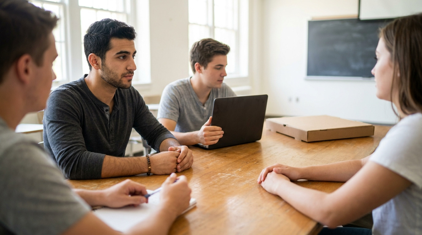 Exactly four students seated around a plain wooden seminar table in a bright classroom, no other people in the room. One