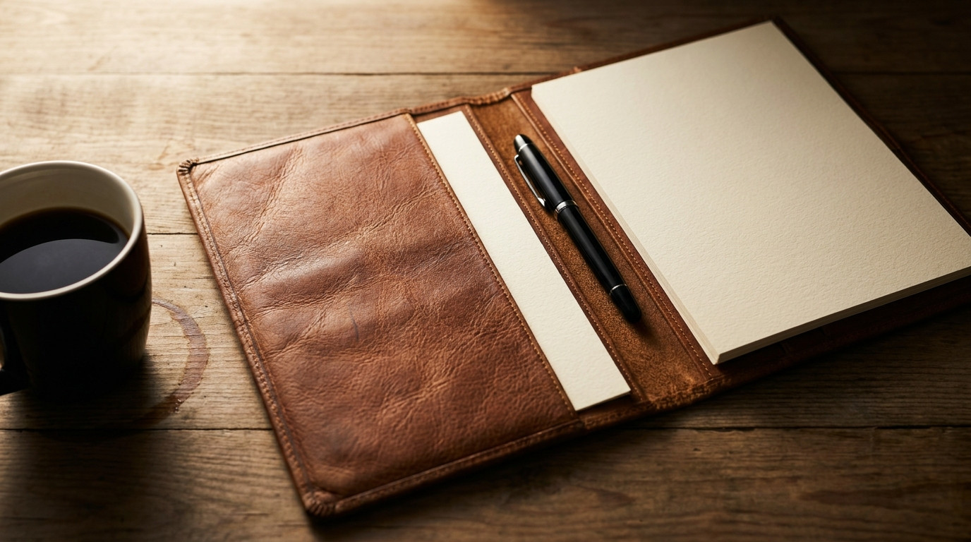 Extreme close-up of a worn brown leather portfolio folder lying open on a wooden desk, holding blank cream notepaper wit