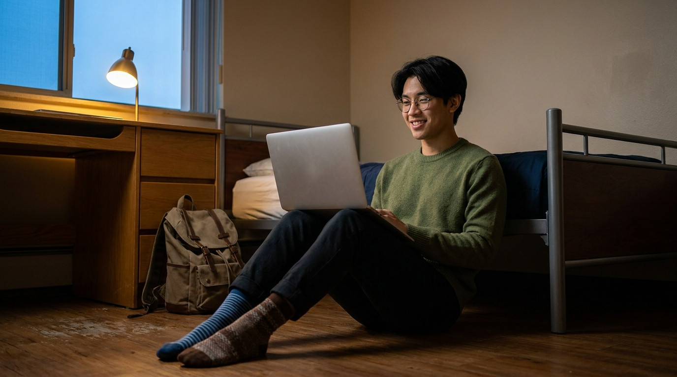 A student sitting on the floor of a dorm room with their back against the bed frame, a laptop balanced on their knees wi