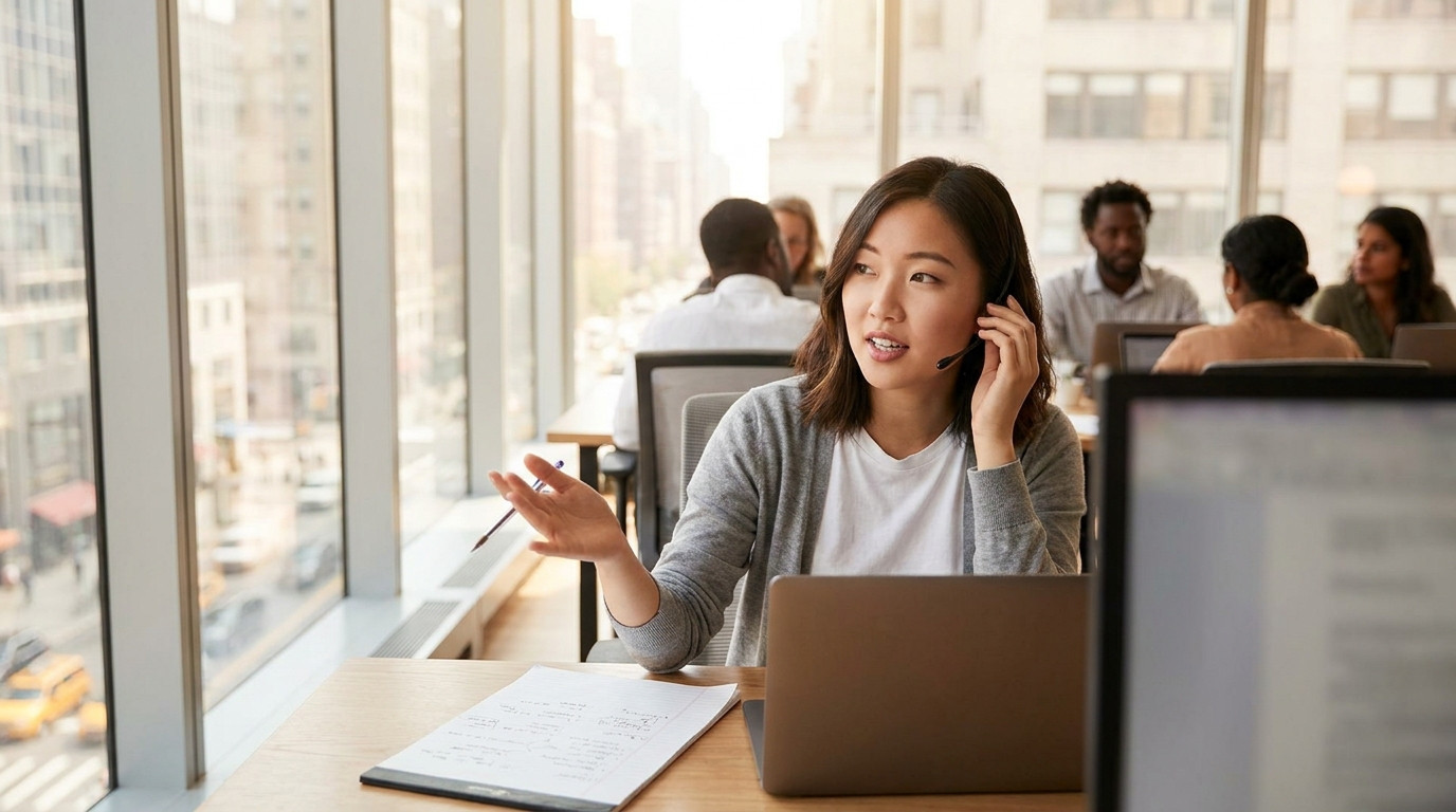 College-age professional mid-phone-call at a sleek open-plan desk high above a Manhattan street, one hand gesturing whil
