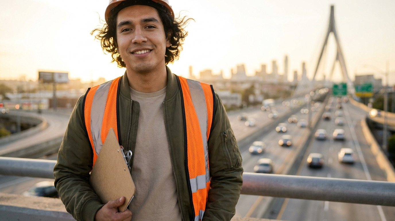 Young civil engineer in a hard hat and high-vis vest standing on an overpass above a highway interchange at golden hour,