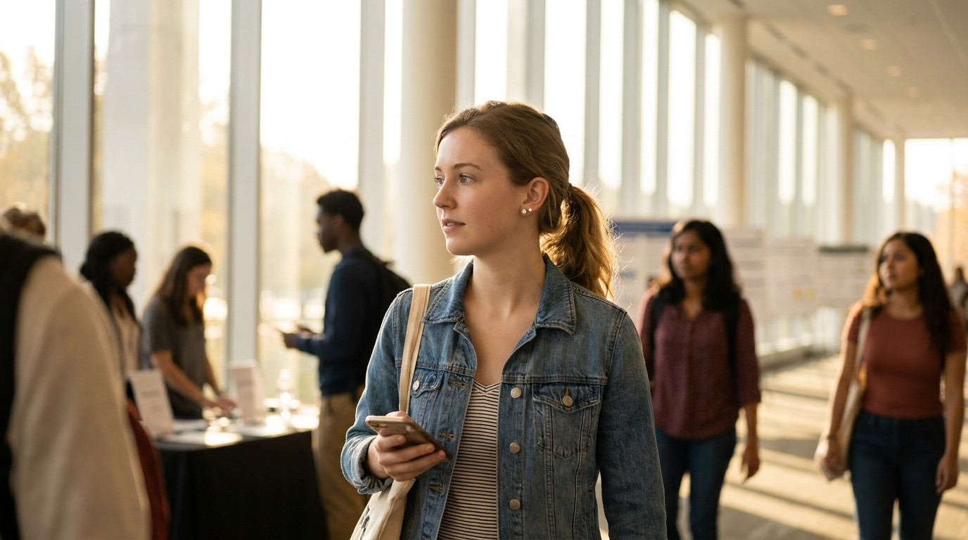 College student in a button-down shirt and lanyard walking through a sun-filled convention center corridor on a fall mor