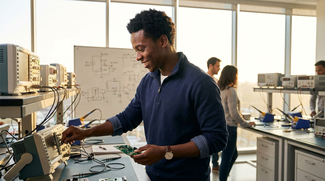 College-age engineer standing at a bench-top electronics workstation in a modern semiconductor office, adjusting an osci