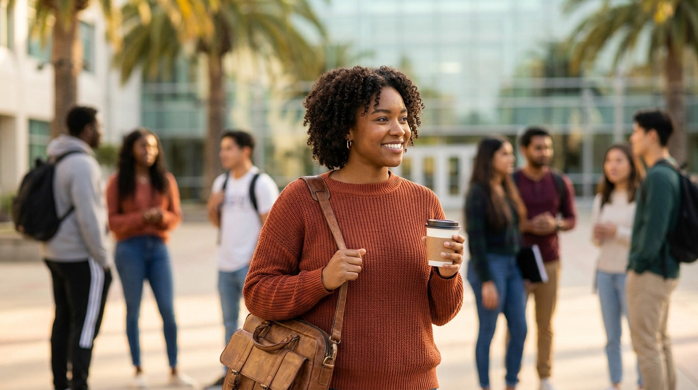 College student in a clean button-down shirt walking through a sunlit technology campus courtyard on a warm August morni