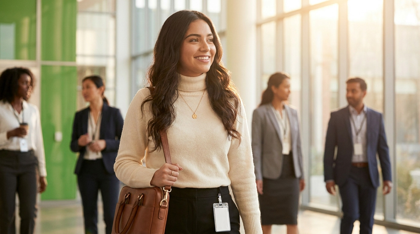 Young professional in business-casual attire walking through the atrium of a modern healthcare company headquarters on a