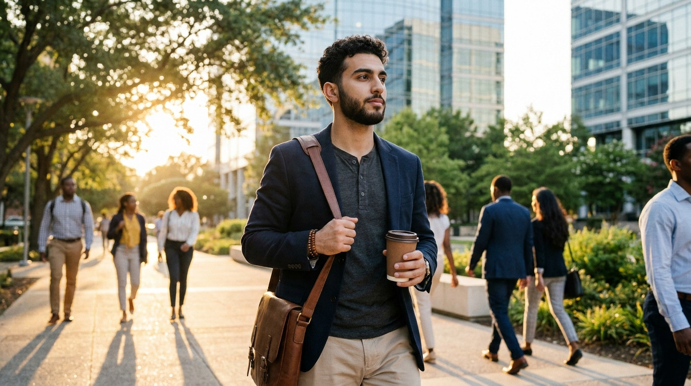 College student in a blazer and chinos walking along a tree-lined corporate campus path on a bright summer morning, glas