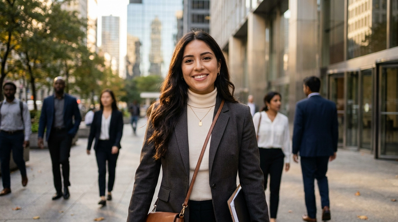 College student in a fitted blazer and crossbody bag walking through a downtown glass-and-steel office plaza on a bright