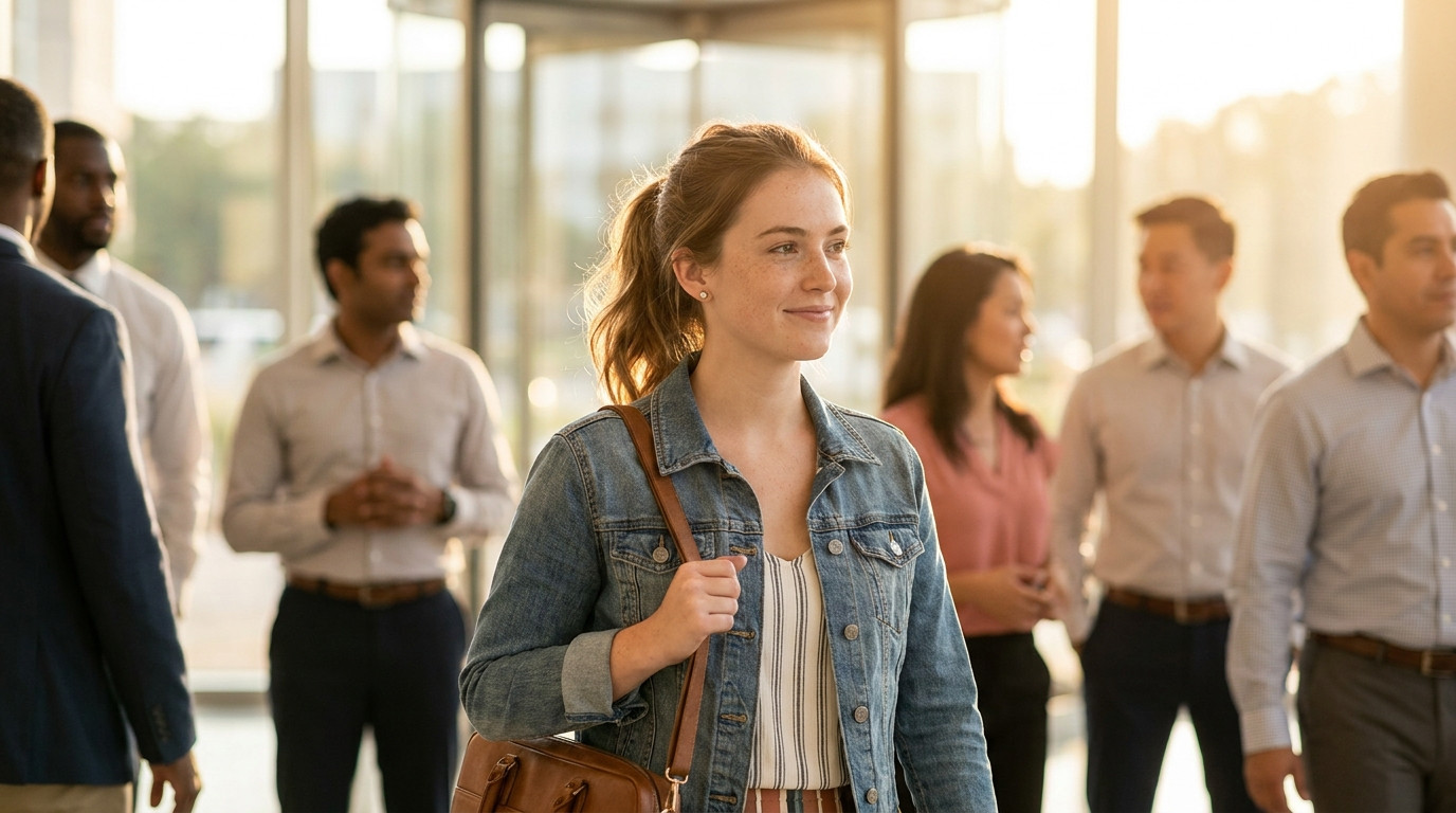College student in business casual walking through the glass lobby of a modern suburban office campus on a sunny Septemb