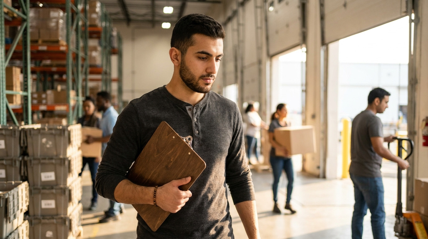 College student in khakis and a collared polo walking through the loading bay of a uniform distribution warehouse on a b