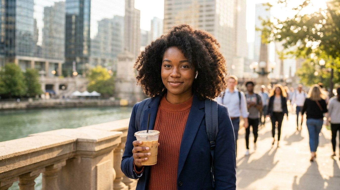 College student in a blazer and backpack walking south along Wacker Drive in Chicago on a bright August morning, the Chi