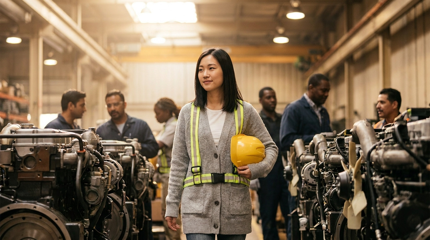 College student in steel-toed boots and a high-vis vest walking through an engine assembly plant on a Monday morning, ro