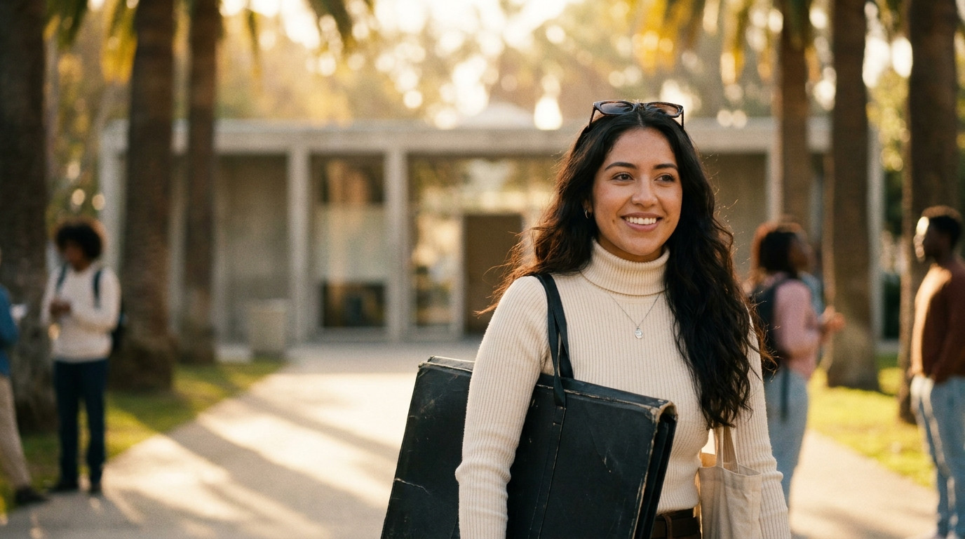 College student carrying a large black portfolio case walking along a palm-tree-lined path toward a low-slung modern stu