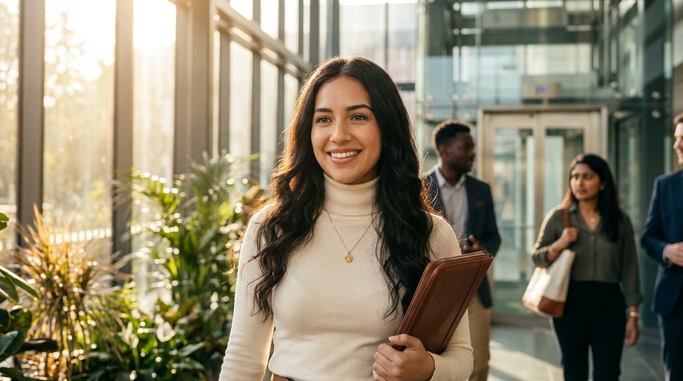 College student in business casual carrying a leather portfolio walking through the glass lobby of a Midwestern corporat