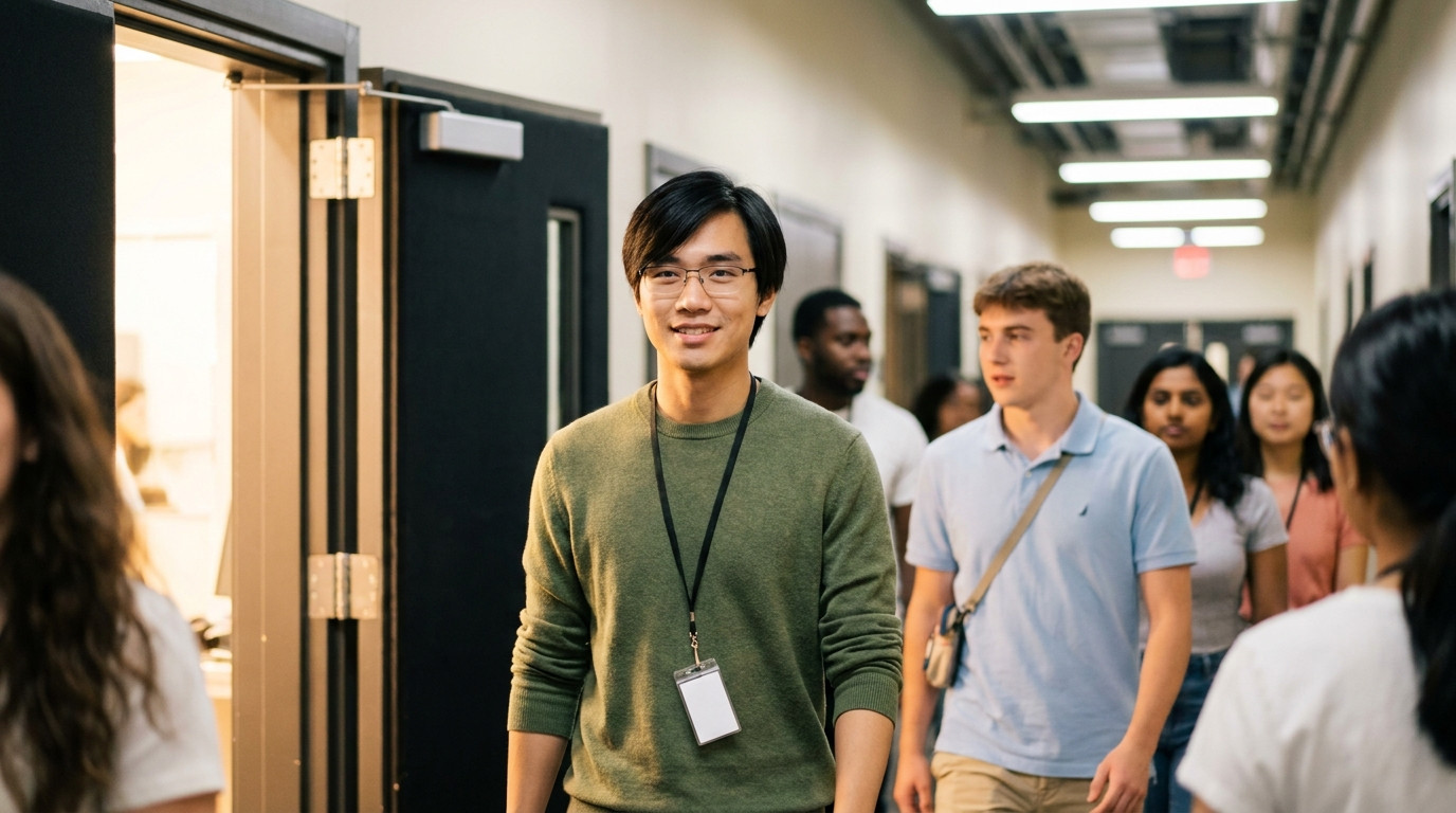 College student in a light polo shirt walking through a long television studio corridor past dark soundproof doors on a
