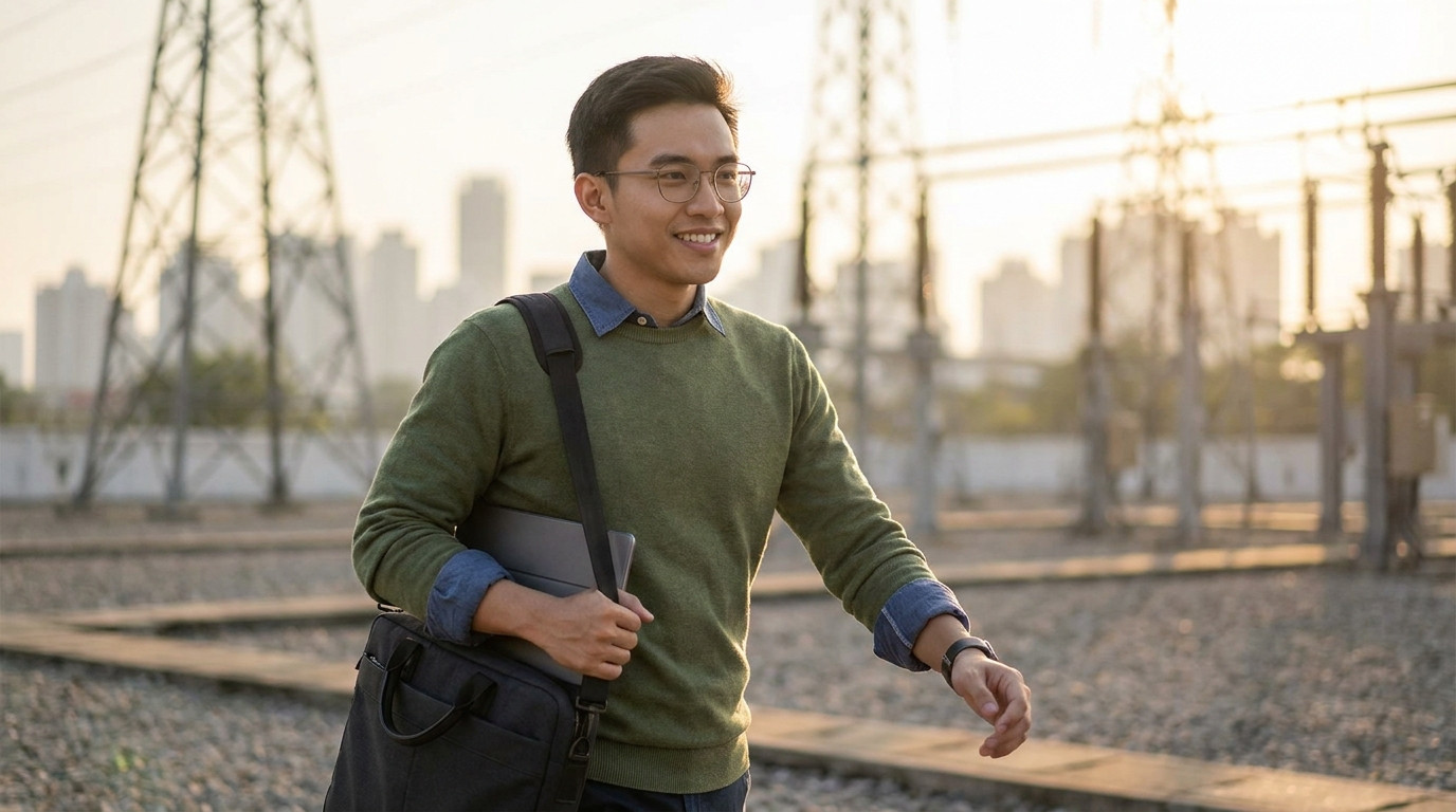 Engineering student in business casual with a laptop bag over one shoulder, walking briskly across an outdoor utility su