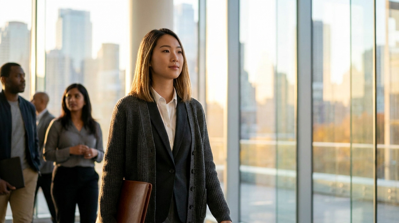A college student in a fitted blazer and open-collar shirt walking through a glass-walled office lobby on a bright Septe