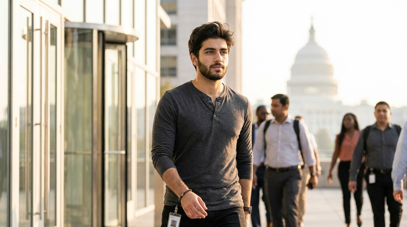 College student in business casual walking toward the entrance of a modern glass office tower in downtown Washington DC 