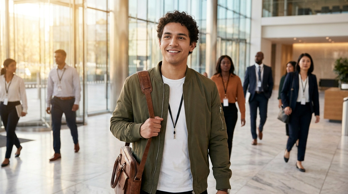 College student in a blazer and lanyard walking through a sunlit corporate lobby with floor-to-ceiling glass walls on a