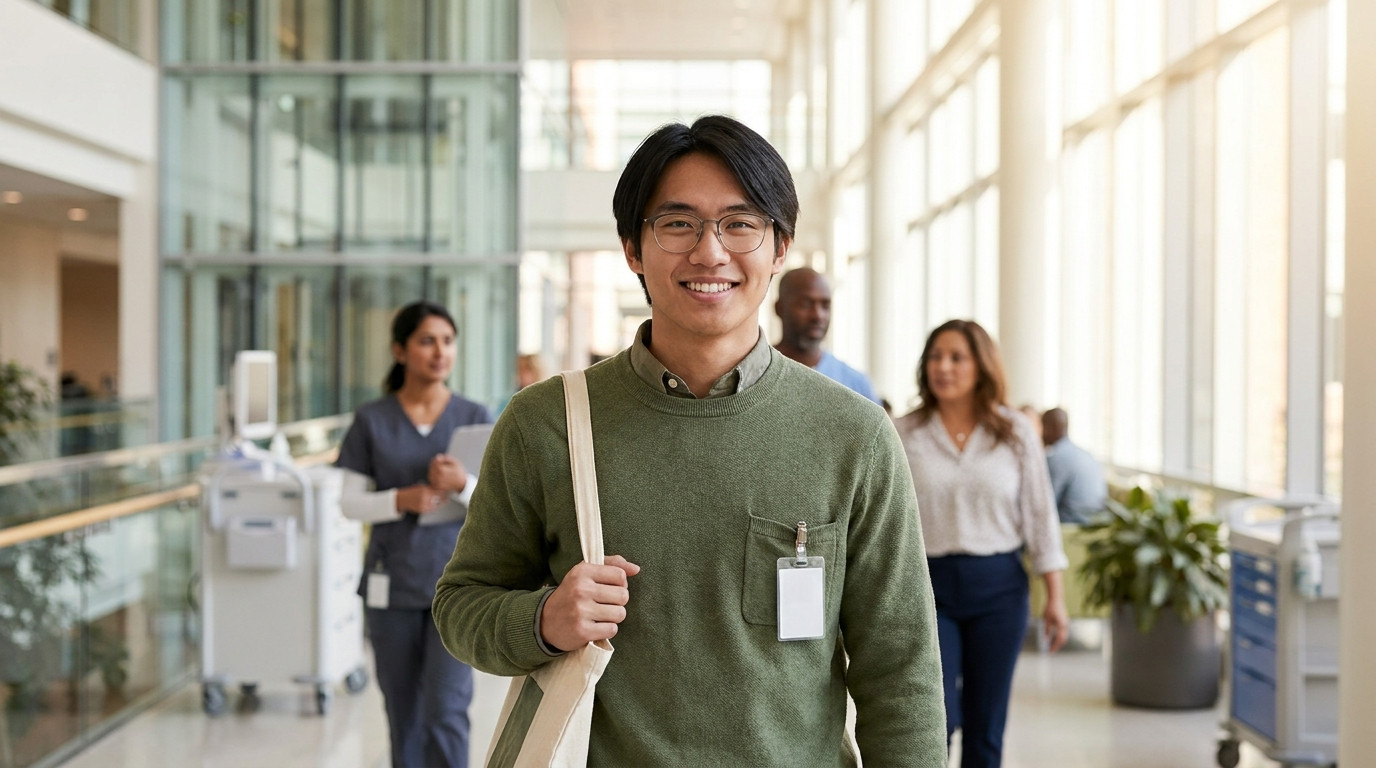 College student in a quarter-zip walking through a hospital corridor on a bright weekday morning, modern glass atrium an