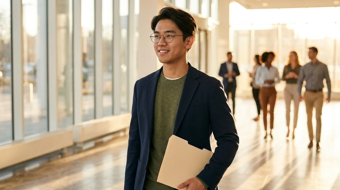 Young professional in a navy blazer walking past a glass-and-steel office tower lobby on a bright August morning, a mani