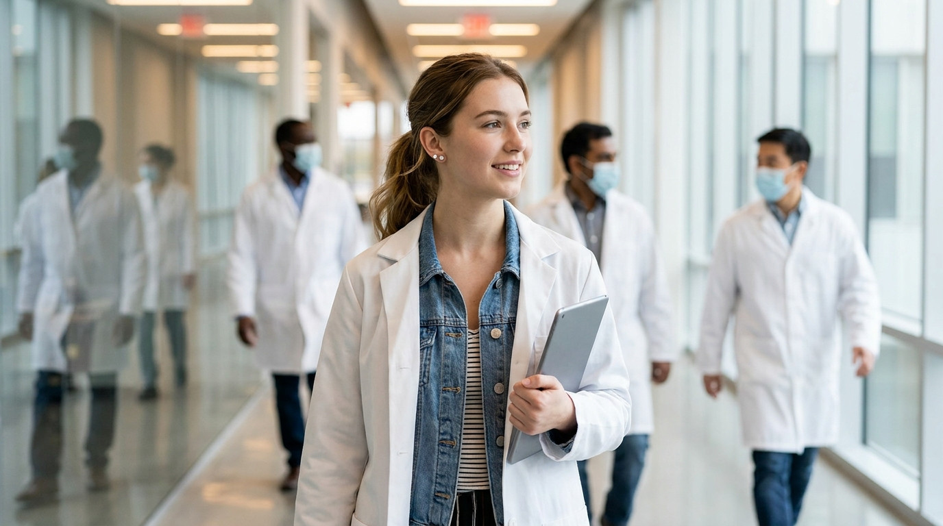Young engineer in a lab coat walking through a bright semiconductor facility corridor, holding a tablet against one hip,