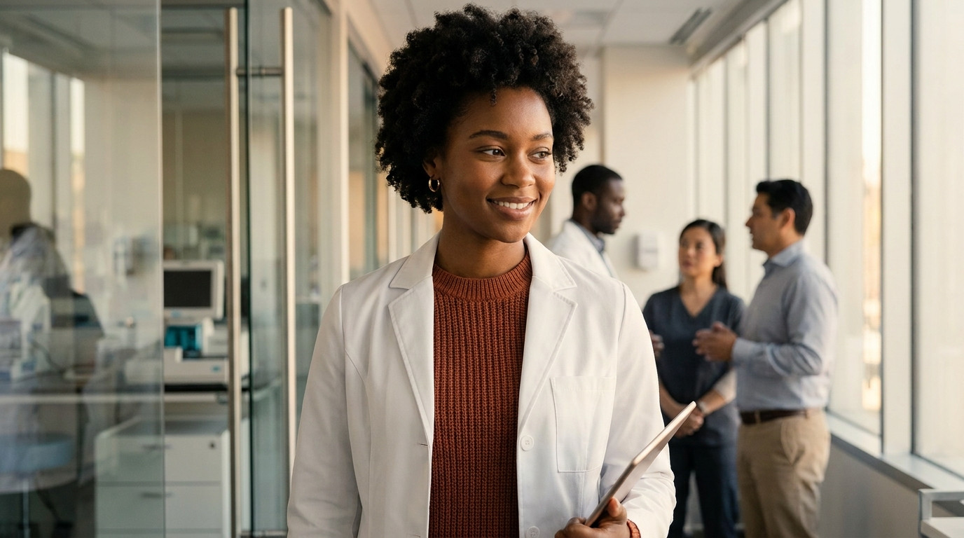 Young professional in a fitted lab coat walking through a sunlit corridor of a modern clinical laboratory, glass-walled