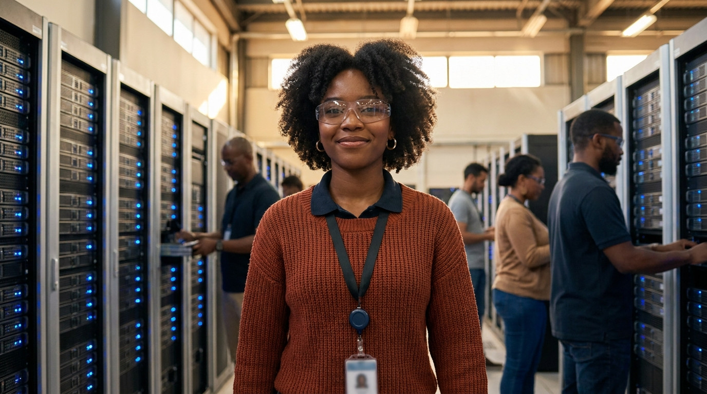 College student in a fitted polo shirt and safety glasses walking along a server manufacturing floor, tall equipment rac
