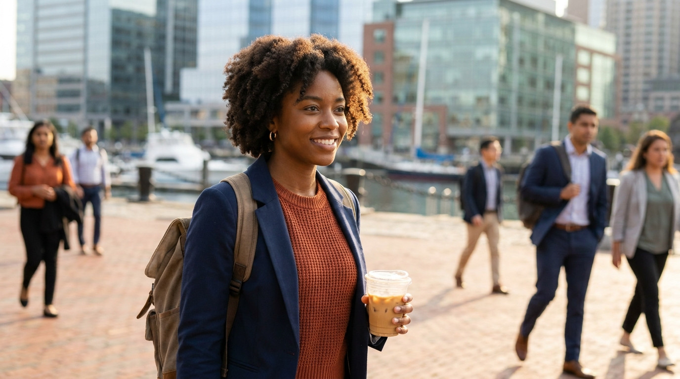 College student in a navy blazer and canvas backpack crossing a brick-paved courtyard on the Boston waterfront on a brig