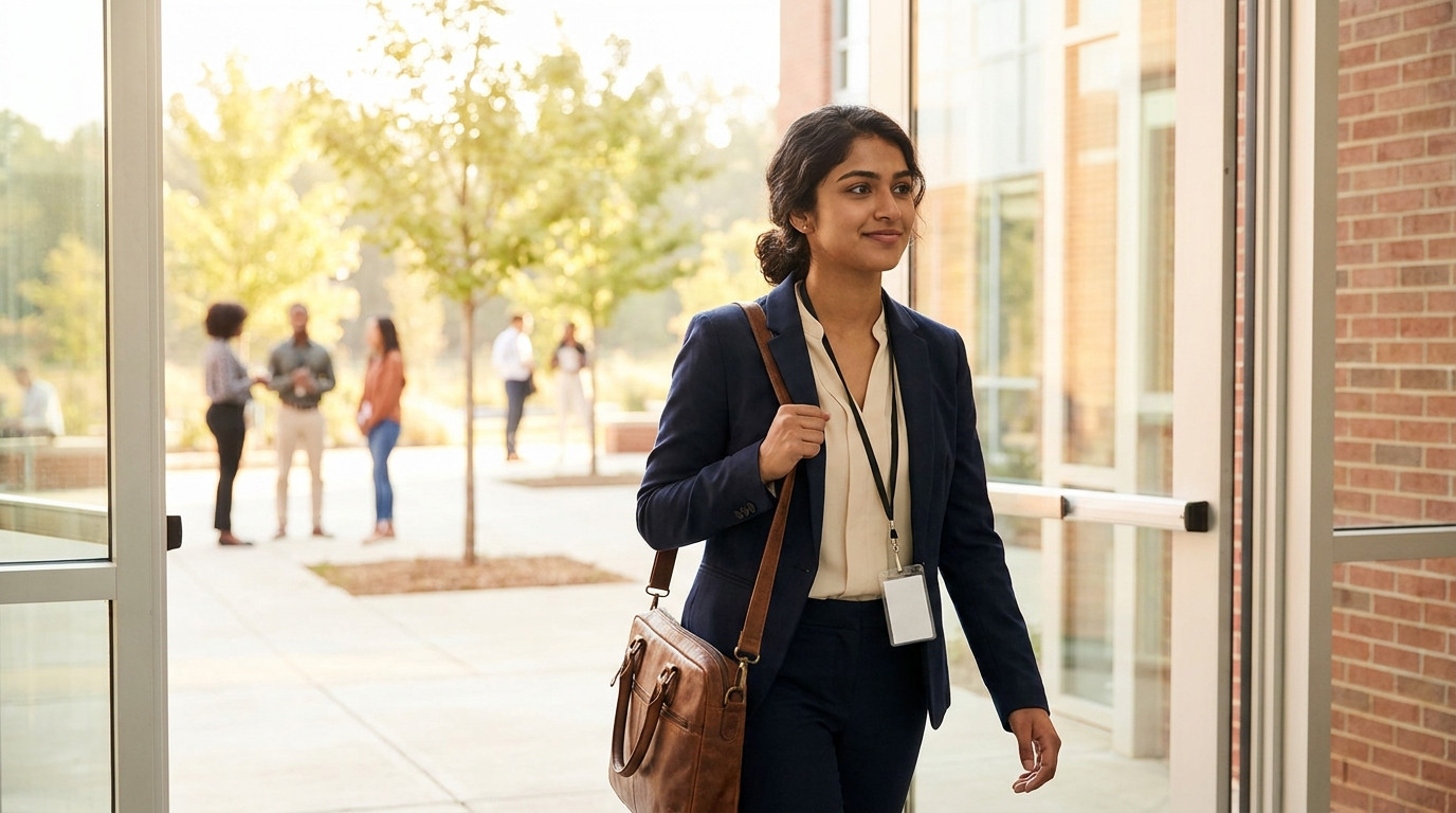 College student walking into a modern glass-and-brick corporate campus building in Fort Mill, South Carolina on a bright
