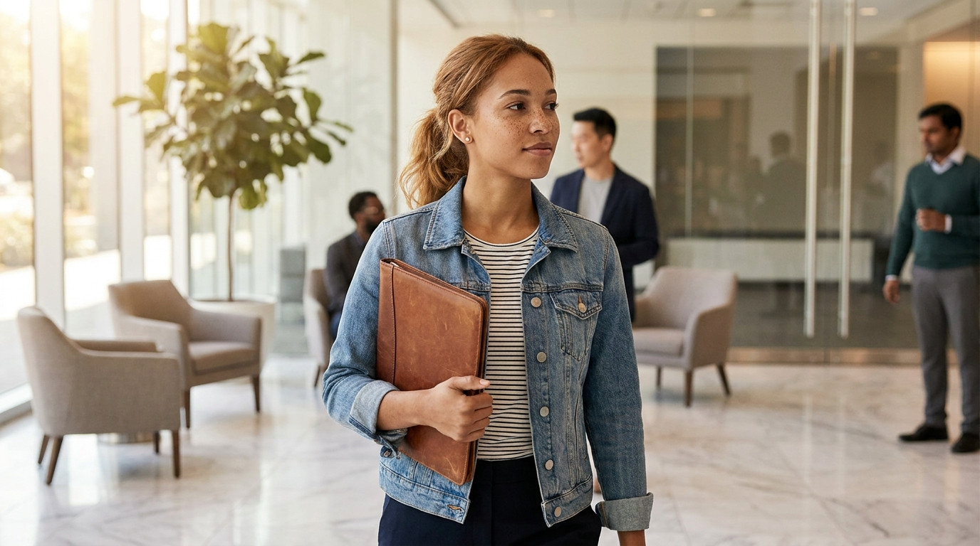 College student in business casual carrying a leather portfolio walking through a sunlit glass-walled corporate lobby, m